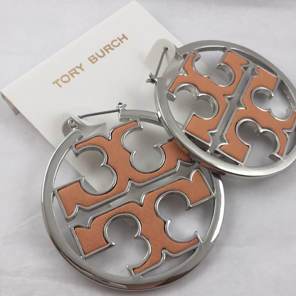 Tory Burch Miller Hoop Silver/Orange Logo Earrings - Picture 2 of 7